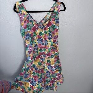Vintage Rosey Tomato Floral criss cross back button up spring romper w pockets L
